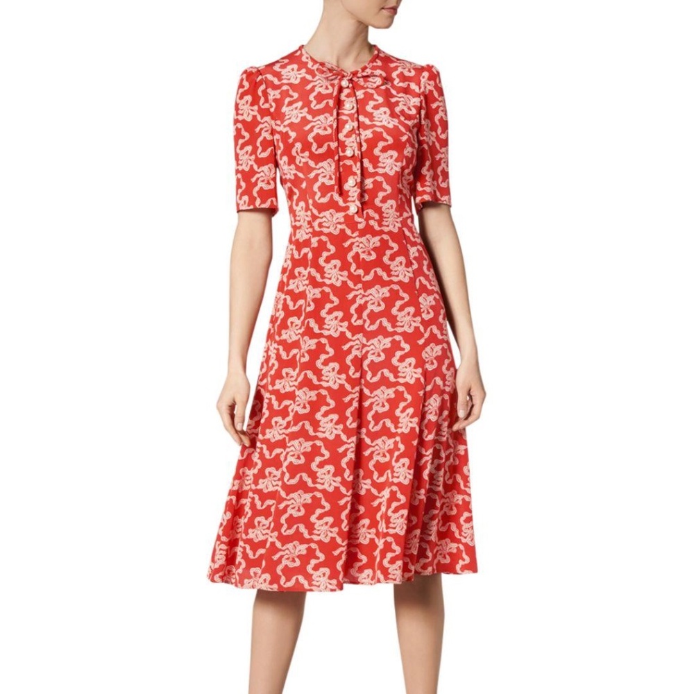 LK Bennett Red Silk  Ribbon Print Dress US 12